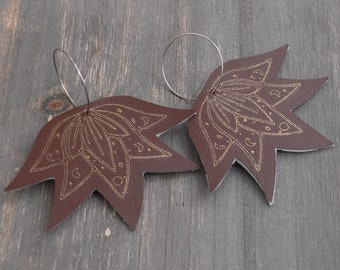 Vegan Leather Lotus Flower Hoop Earrings Celestial Moon Phases Brown Gold Leaves Floral, Faux Leather, Boho Jewelry