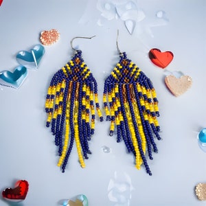 MIDNIGHT SKY Long Beaded Fringe Earrings Dangle, Dark Blue Yellow, Ombre, Bohemian Wedding, Abstract Art, Wing, Feather Pattern