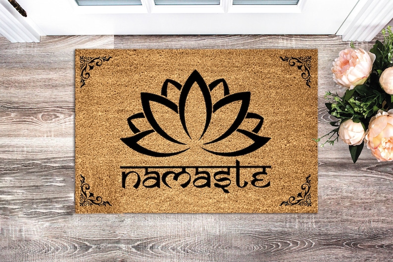 Namaste Lotus Flower Coir Doormat, Namaste Yoga Mandala Rug Gift