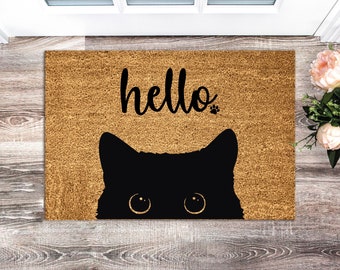 Cat Doormat: Hello, Black Cat Silhouette - Personalized Coir Welcome Mat