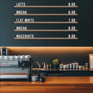 May include: A coffee shop menu with a dark teal background and wooden shelves displaying coffee names and prices. The menu includes Double Espresso, Latte, Mocha, Flat White, and Macchiato. A commercial espresso machine and coffee cups are visible.