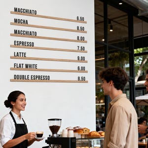 May include: A coffee shop scene with a barista serving a customer. A menu board lists coffee drinks and prices. Baked goods are displayed in a glass case and on the counter. A black espresso machine is visible.