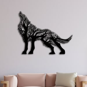 Wolf Tree Metal Wall Decor, Wolf Wall Decor, Calligraphy, Wall Hangings, For Wilderness Lovers, Wild Animals Tree Home Decoration,