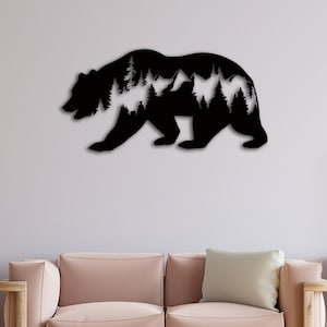 Metal Bear And Forest Wall Decor, Geometric Bear Tree Wall Art, Wildlife Lover Gift, Wall Hangings, Metal Wall Sign, Discount Wall Decor