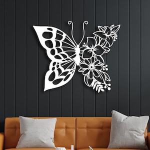 Arte de parede de borboleta de metal, arte de parede floral, arte de parede de sala de estar, presente de inauguração, escultura de natureza floral, design de amante de animais
