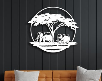 Elephant Family Metal Wall Art with Big Tree, Elephant Wall Decor,Safari Lover Gift, Animals Wall Art, Nature and Forest Decorations