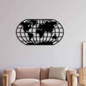 Arte de pared de mapa mundial de metal, continente de brújula de mapa mundial, decoración de interiores, decoración de pared de metal, mapa mundial, regalo de inauguración de la casa, colgante de pared