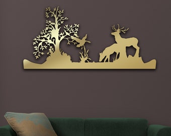 Metal Stag Wall Art, Tree And Stag Metal Wall Decor, Stag Wall Art, Unique Living Room Wall Decor, Modern Wall Art, Wall Hanging, Home Decor