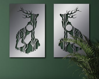 Deer 2 Panels Metal Wall Decor, Metal Geometric Tree Deer Wall Art, Deer Wall Art, Unique Living Room Wall Decor, Modern Wall Art,Deer Lover