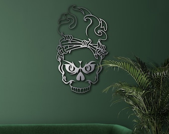 Schädel-Metallwand-Dekor, Halloween-Dekor, Ästhetische Kunst, Skelett-Mädchen, Geschenk für ihn, Geschenk für sie, Raumdekoration, zeitgenössische Wandkunst