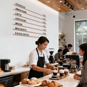 May include: A coffee shop interior with a barista serving a customer. A menu board lists coffee options: Espresso, Americano, Latte, Cappuccino, Mocha, Macchiato, and Filter Coffee. Pastries and croissants are displayed on the counter.