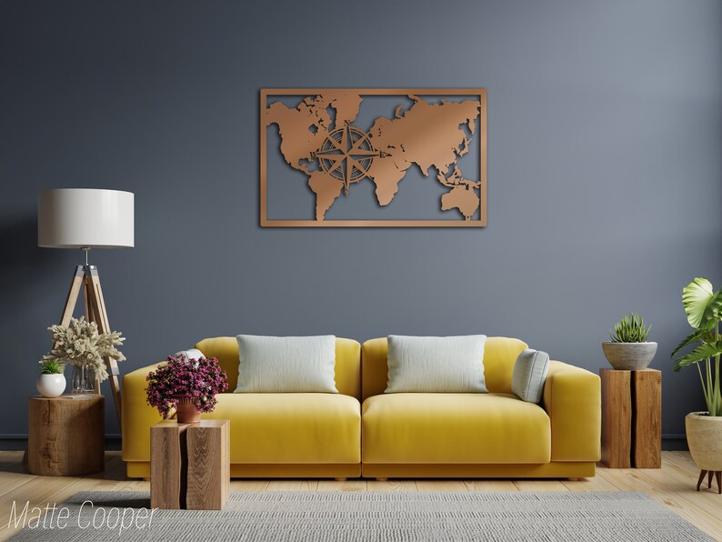Curated visual reference: Picture Idea: Metal World Map Wall Art World Map Compass Continent Interior