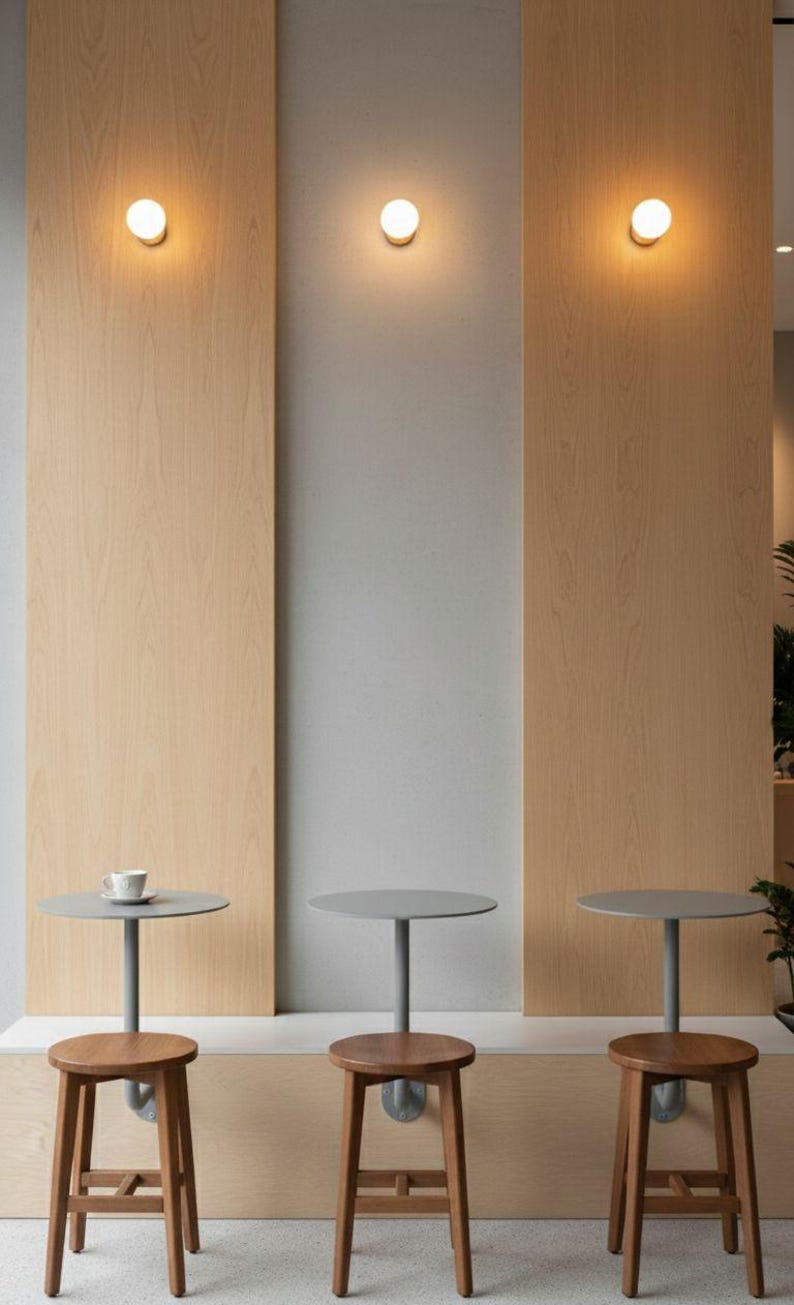May include: A minimalist interior design featuring three small round tables with gray tops and wooden stools. Each table has a single cup on top. The background includes wooden panels and three round wall-mounted lights.