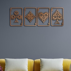 Arte de pared de metal con ases (4 piezas), arte de pared de metal con picas, corazones y diamantes, decoración de pared de metal, tapices de pared de metal, arte de pared de metal de casino de póker (4 piezas)