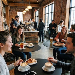 May include: Interior shot of a bustling coffee shop with exposed brick walls and large windows. People are seated at black tables, enjoying coffee, pizza, and pastries. Overhead, pendant lights illuminate the space, creating a warm and inviting atmosphere.