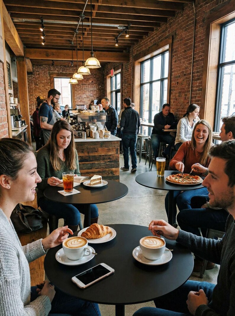 May include: Interior shot of a bustling coffee shop with exposed brick walls and large windows. People are seated at black tables, enjoying coffee, pizza, and pastries. Overhead, pendant lights illuminate the space, creating a warm and inviting atmosphere.