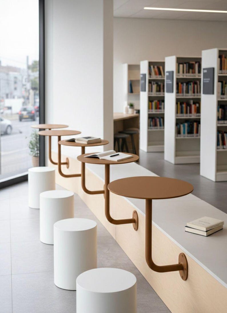 May include: A modern library interior featuring a row of small, round, brown tables attached to a light-colored wall. White cylindrical stools are positioned in front of the tables. Bookshelves filled with books are in the background.