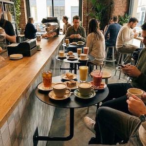 May include: A bustling cafe scene with people enjoying coffee, pastries, and drinks. Tables are set with coffee cups, saucers, and plates of food. The interior features brick walls, wooden accents, and large windows.