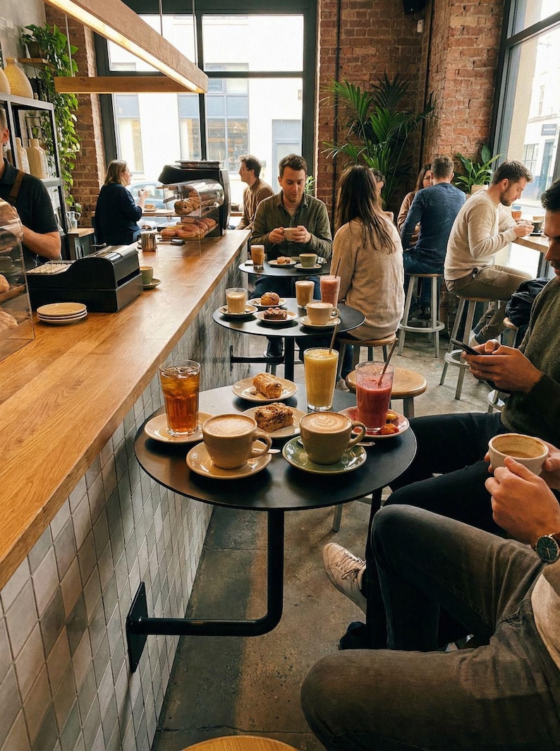 May include: A bustling cafe scene with people enjoying coffee, pastries, and drinks. Tables are set with coffee cups, saucers, and plates of food. The interior features brick walls, wooden accents, and large windows.