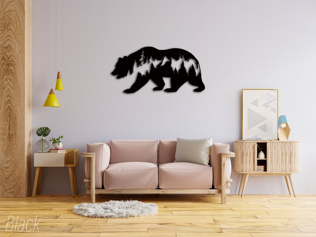 Metal Bear and Forest Wall Decor, Geometric Bear Tree Wall Art