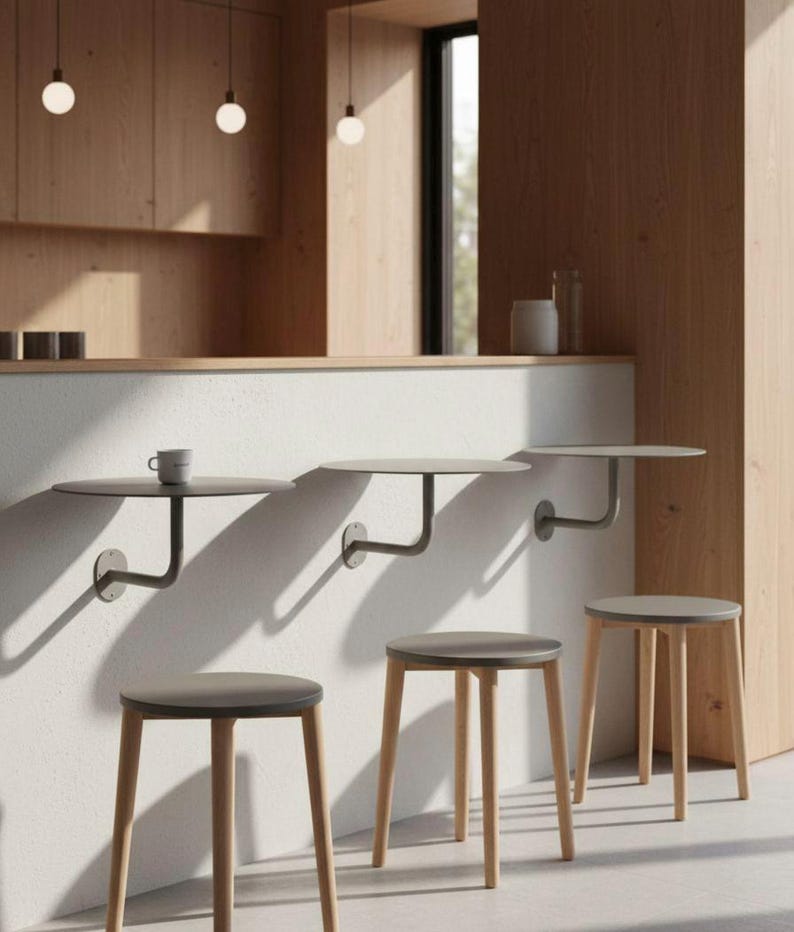 May include: A modern interior with a minimalist design. The image features three wall-mounted, round tables with dark gray tops and curved metal supports. Below, three wooden stools with gray seats and light-colored legs are arranged in a row.