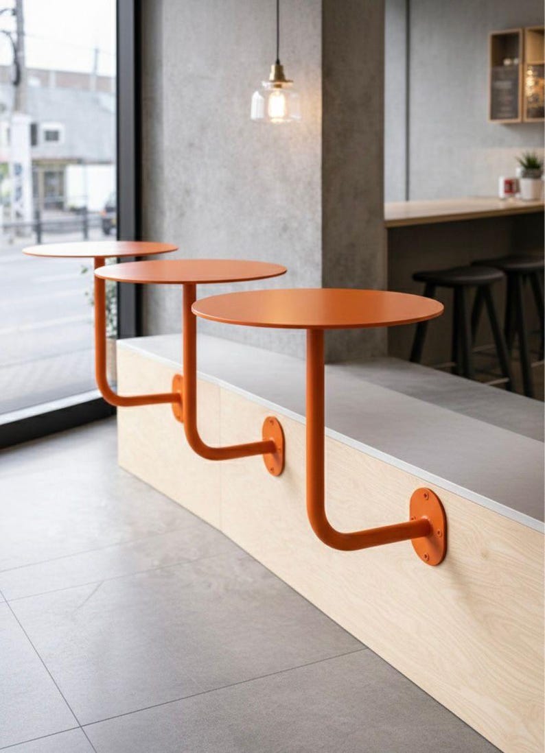 May include: Three orange, round tables attached to a curved wooden bench. The tables have a unique design with a single curved leg that attaches to the bench. The tables are a vibrant orange color, and the bench is made of light-colored wood.