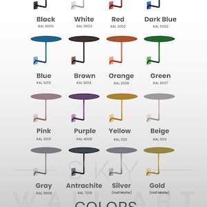 May include: A selection of wall-mounted side tables in various colors, including black, white, red, and blue. Each table has a circular top and a single supporting leg, with the color name and RAL code displayed below.