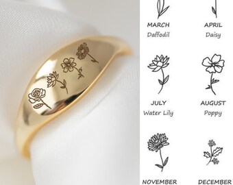 Birth Month Flower Ring /Personalised Birth Flower Ring /Gold Signet Ring /Custom Ring /Birthflower Jewelry /Floral Ring /Mother In Law Gift