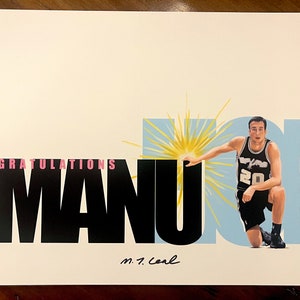 May include: A black and white image of a basketball player kneeling with the word "MANU" in large black letters behind him. The player is wearing a white jersey with the number 20 on it. The background is a light blue color with a yellow starburst. The text "CONGRATULATIONS" is in pink letters at the top of the image. The player's signature, "m.t. carl", is in black ink at the bottom of the image.