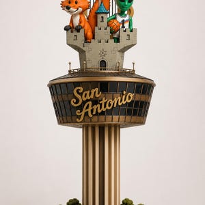May include: A decorative model of the Tower of the Americas in San Antonio, Texas. The structure features a tan column, a dark observation deck with the text San Antonio, and a castle top with a fox and an alien wearing a cowboy hat and jersey.