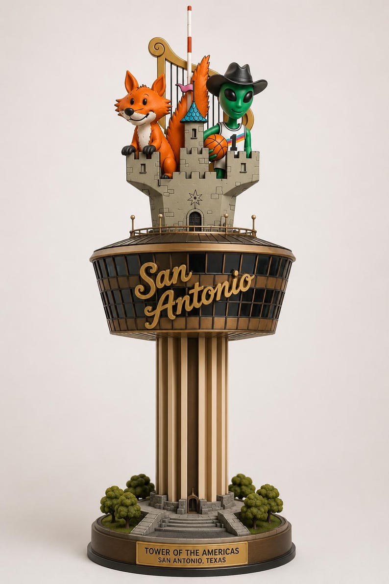 May include: A decorative model of the Tower of the Americas in San Antonio, Texas. The structure features a tan column, a dark observation deck with the text San Antonio, and a castle top with a fox and an alien wearing a cowboy hat and jersey.
