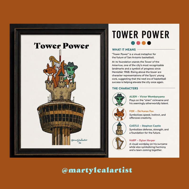 May include: A framed art print titled Tower Power featuring an illustration of the Tower of the Americas topped with a castle, a fox, an alien, and a harp. The right side includes text explaining the visual metaphors for basketball players.