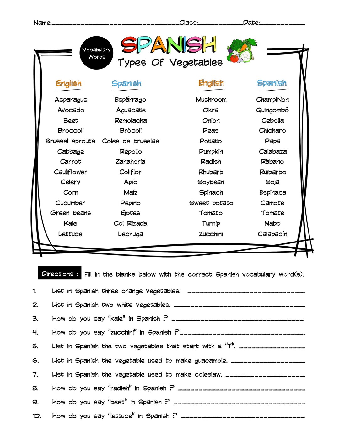 Spanish Vegetables Vocabulary Word List Worksheet & Answer Key Etsy