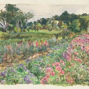 May include: Watercolor painting of a garden scene with vibrant flowers in shades of pink, purple, and yellow. Lush green trees and foliage frame a grassy area and a distant house. The artwork has a soft, impressionistic style.