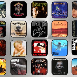 Custom fridge magnet sets with you favorite álbum covers and guitar players/All genres of rock music/