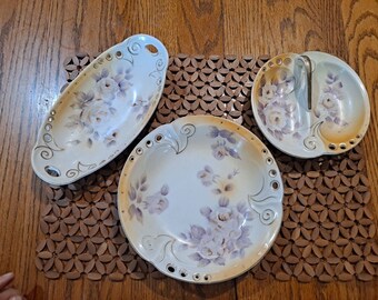 Enesco Japan Hand Painted Yellow Lilac Porcelain Set, Vintage, Set of 3, EUC!!!!