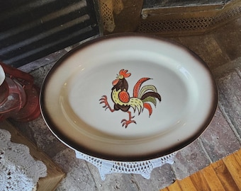 Vintage Metlox Poppytrail Red Rooster Oval Serving Platter 13.5" California Pottery