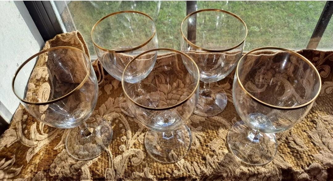 Schott Zwiesel Water Stemmed Goblets NECKAR 6" Gold Rim Germany 5 Pc Excellent!!