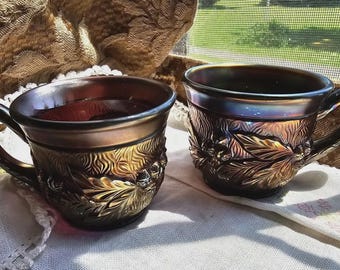 Northwood Stunning Amethyst Acorn and Burrs 2 Pc Carnival Glass Punch Cup Set