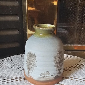 Mike Pollard Mochaware Bud Vase Vintage 4” Studio Pottery Hand painted Tree