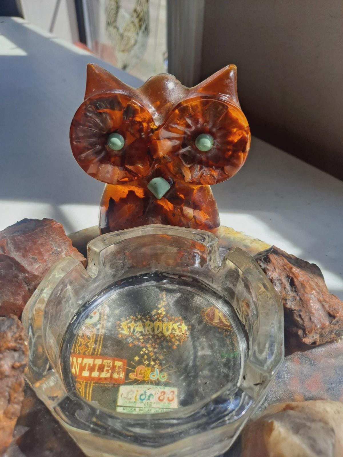 Las Vegas Souvenir Owl Lucite & Petrified Wood w/ Glass Ashtray Insert On Tray