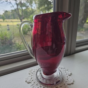 Vintage Ruby Red Hand Blown Glass Pitcher Clear Applied Handle and Foot 8 Inch