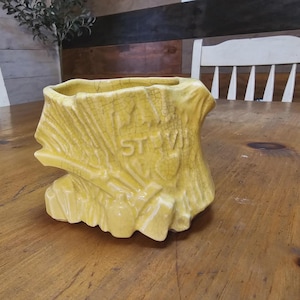 May include: A yellow ceramic planter shaped like a tree stump, with the word "ST" visible on the side. The planter has a textured surface and is sitting on a wooden table. The background includes a white chair and a plant.