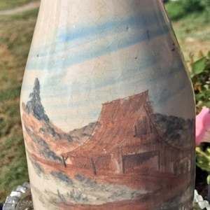 Paul Storie Pottery Vase Milk Bottle Colored Barn Scene Marshall Texas USA 8.5"