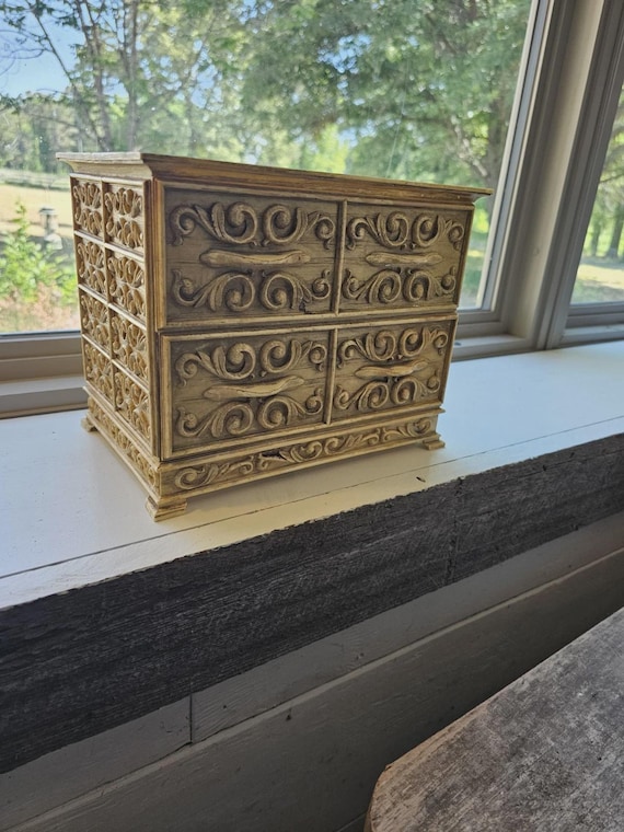 Vintage 1970s Lerner Jewelry Box Ornate Faux Wood Brushed Gold Made in USA