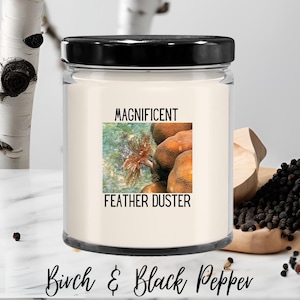 May include: A glass jar candle with a black lid. The label reads "Magnificent Feather Duster" with an image of a sea creature. The bottom of the jar says "Birch & Black Pepper".