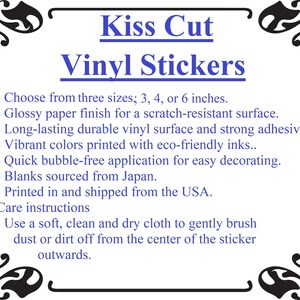 May include: White background with a decorative black border, featuring the text "Kiss Cut Vinyl Stickers" in blue. The text lists features like sizes (7.6, 10.2, or 15.2 cm), glossy finish, durable vinyl, and eco-friendly inks. Includes care instructions.