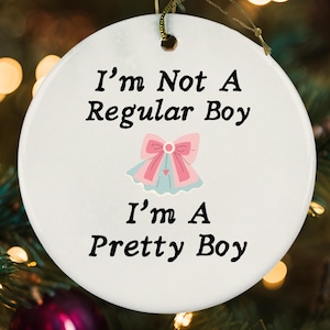 以下が含まれることがあります： 「I'm Not A Regular Boy I'm A Pretty Boy」というテキストと、ピンクとブルーのリボン付きのドレスの漫画画像が描かれた白いセラミックオーナメントです。