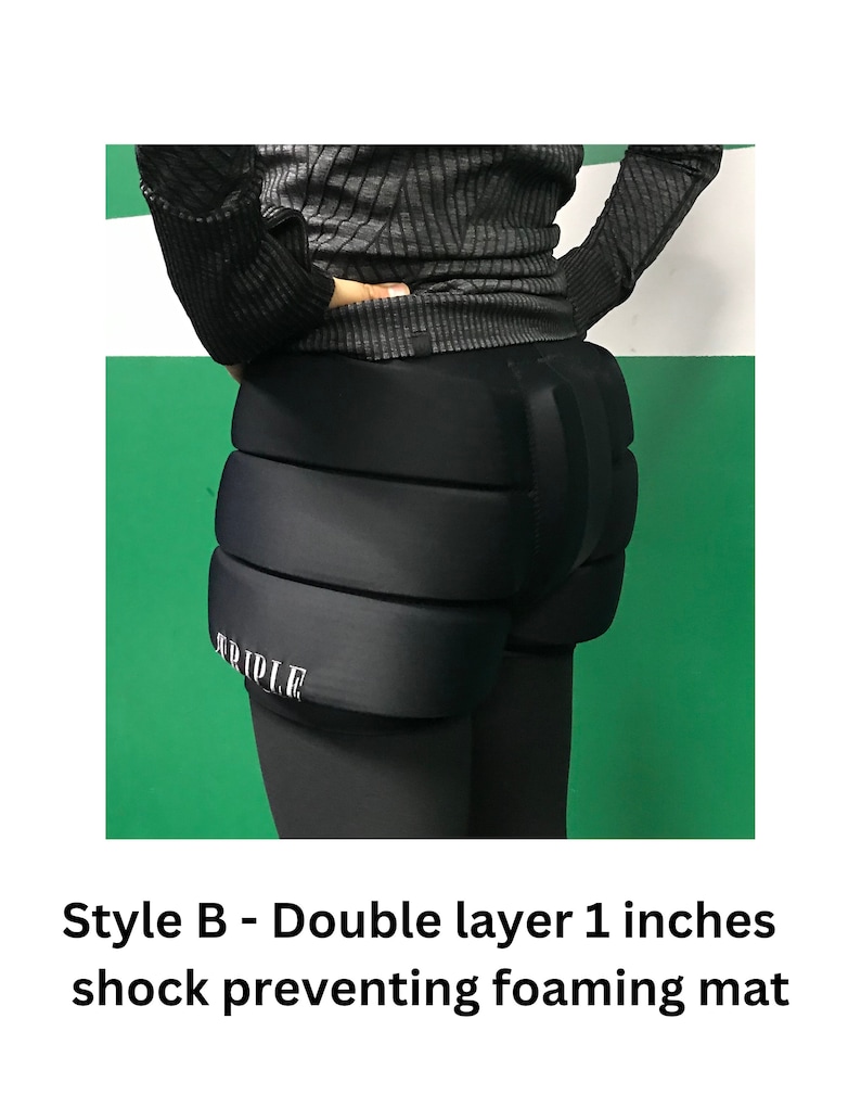 May include: Black padded leggings with a double layer of shock-absorbing foam padding in the rear. The padding is 1 inch thick and the leggings have the word "RIPPLE" printed on the left thigh.