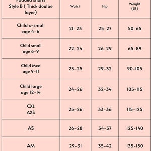 May include: A size chart for padded shorts, style B, with thick double layer. The chart lists sizes for children from ages 4-6 to 12-14, with corresponding waist, hip, and weight measurements in inches and pounds.